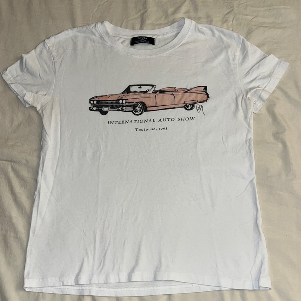 Bershka T-shirt with car detail in blush